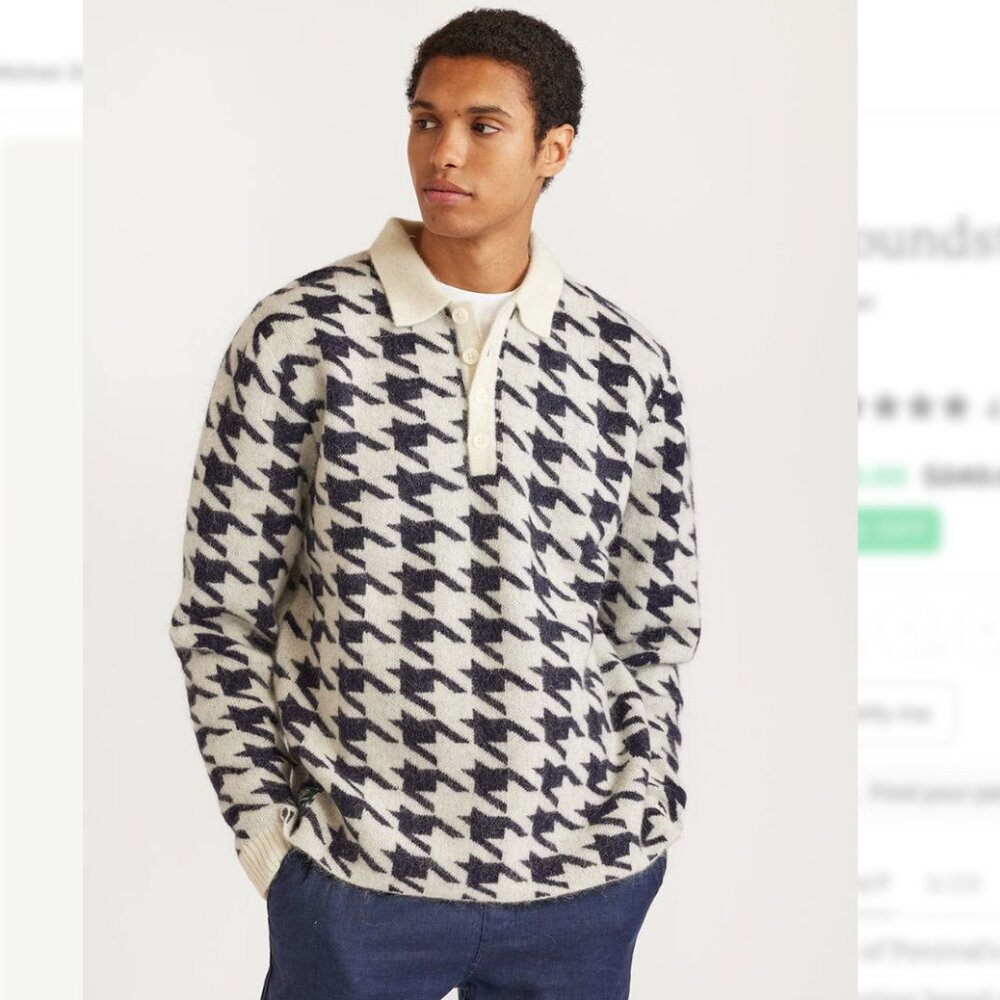 Houndstooth Rugby Shirt Mohair Wool Polo Sweater - Ivory White & Black *MENS SIZ